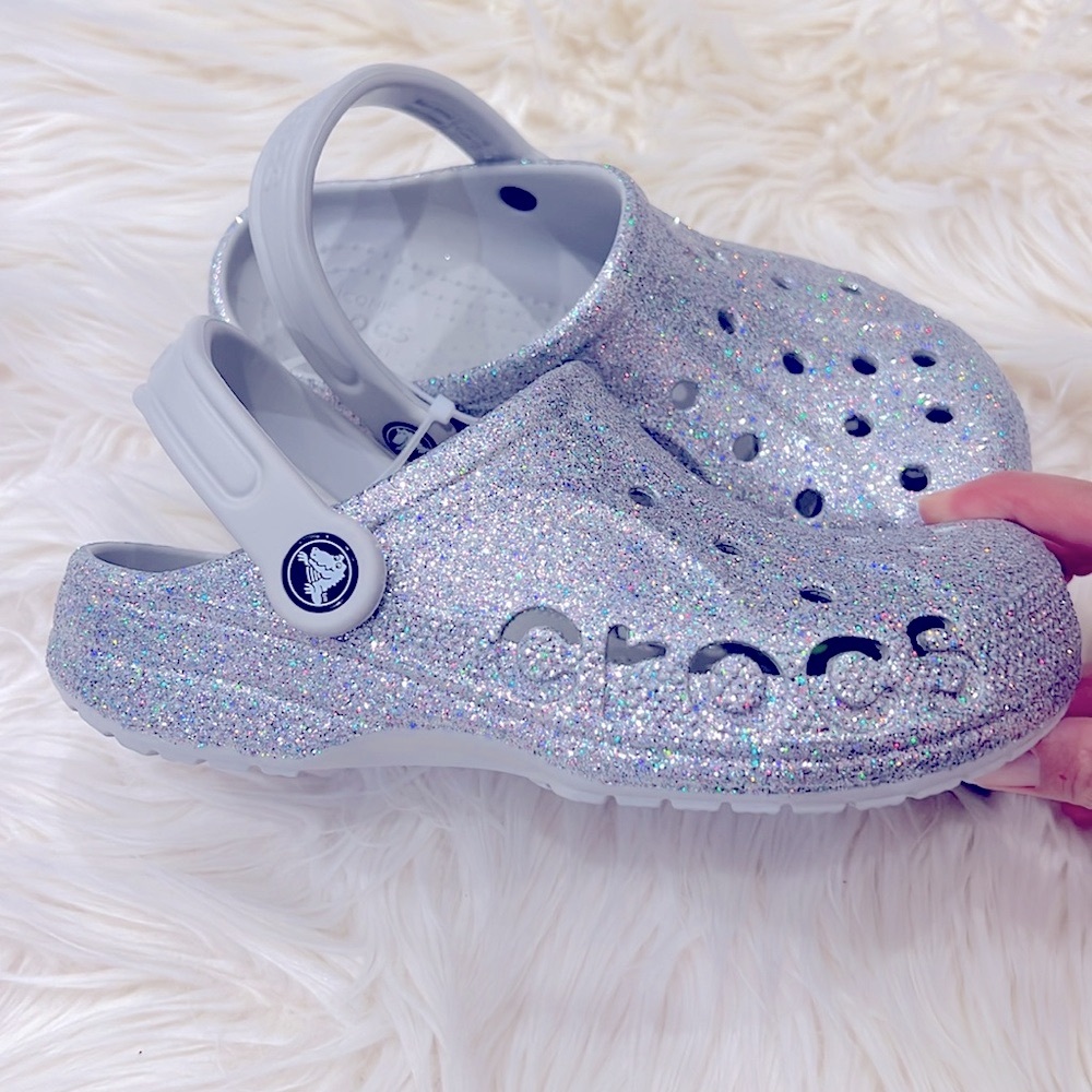 Crocs Youth Girls Platform Glitter Clog Size 4 Silver Slip-on Comfortable